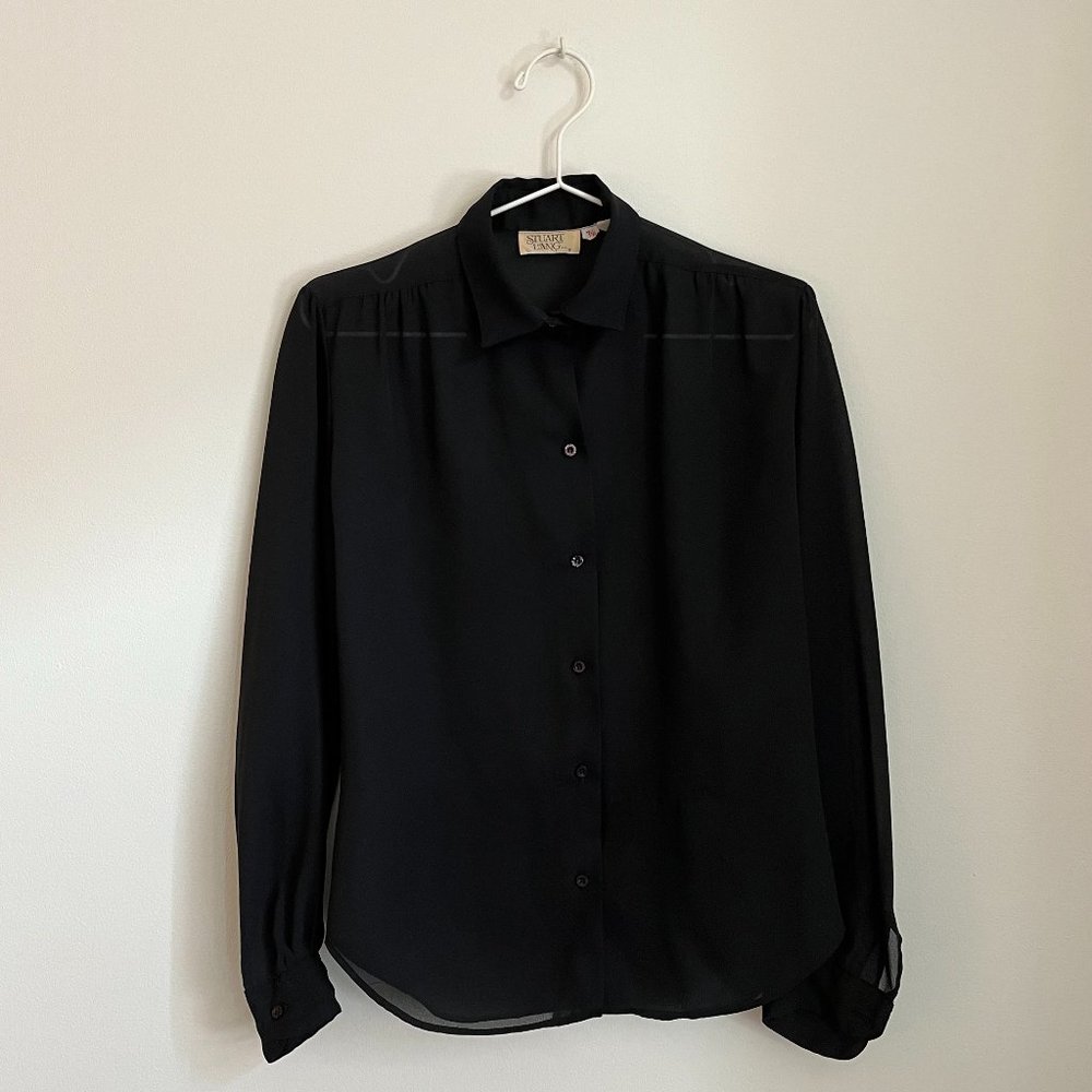 Vintage Sheer Black Stuart Lang Long-Sleeve Button-Up Shirt 7/8-Small
